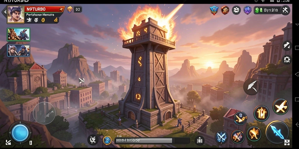 Tampilan gameplay N9TURBO yang mendebarkan dalam pertahanan menara.