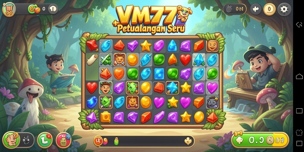 Screenshot utama VM777 menunjukkan gameplay Match-3 yang mengasyikkan.